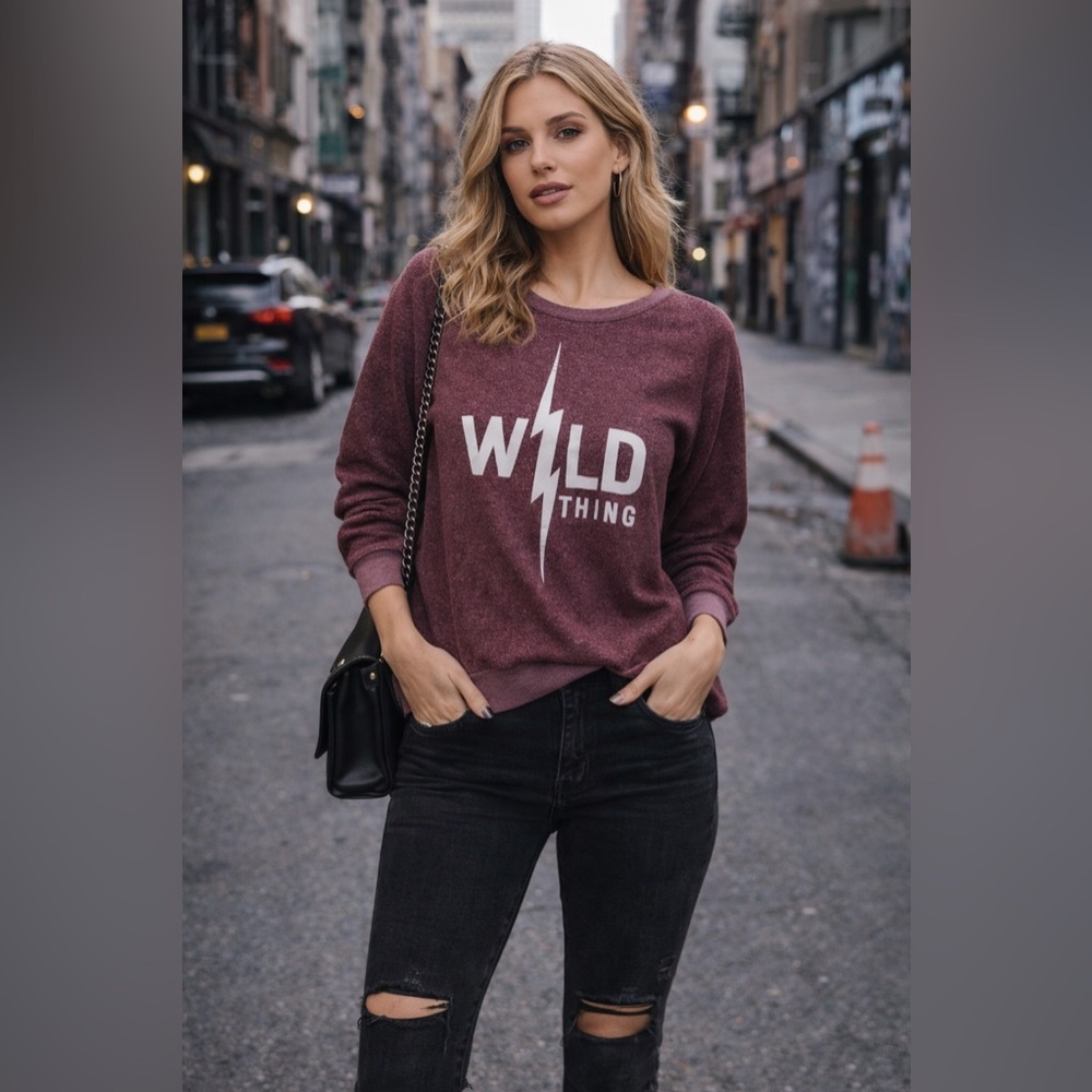 Wildfox Wild Thing Lightning Bolt Sweatshirt Maroon Crew Neck Sz Small Soft Cozy